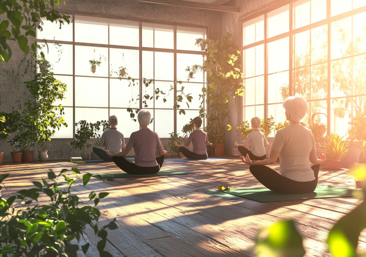 Група пенсіонерів на занятті з йоги в brandulith